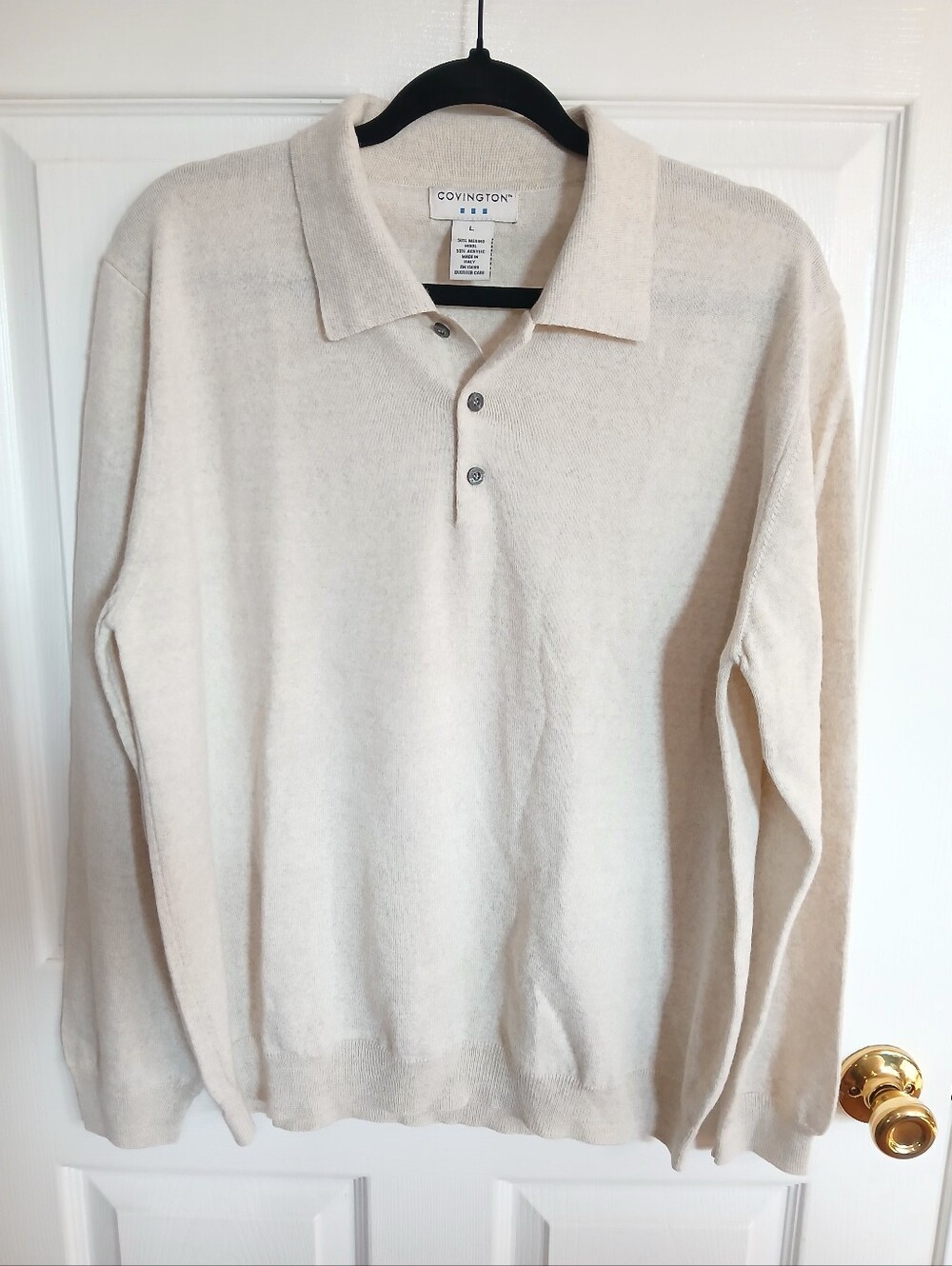Covington Men’s Cream V-Neck Polo Sweater Wool Blend Business Casual Old Money